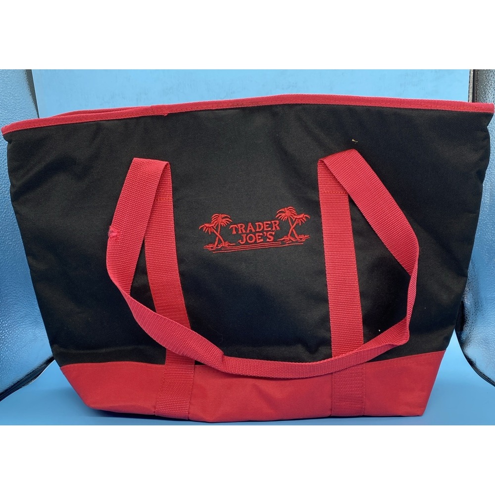 Vintage Style Trader Joes Insulated Cooler Tote Bag Red Black Palm Tree A2304 6P